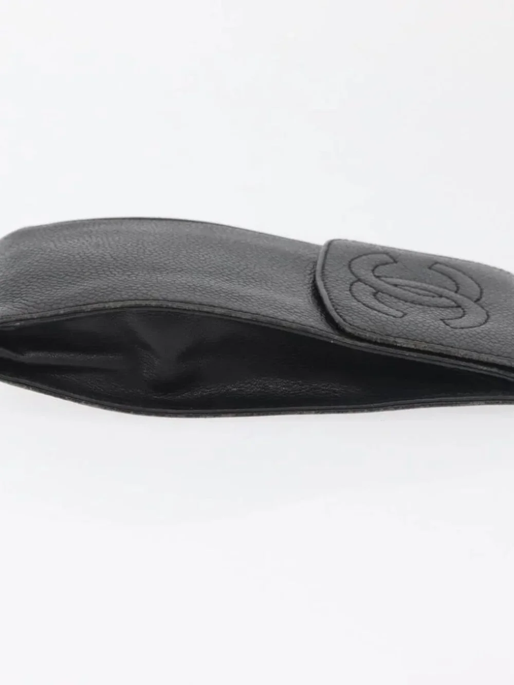 CHANEL Glasses Case Grained Calf Skin Black Gold CC Auth am11661